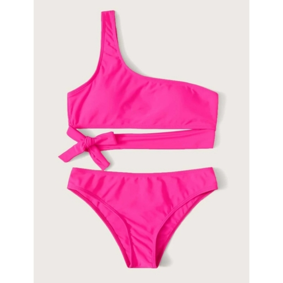 Neon Pink Tie Front One Shoulder Bikini NWOT - Picture 3 of 3